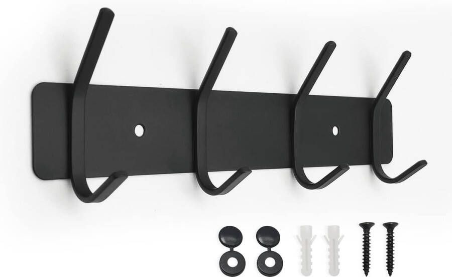 Kleerhaken voor wandmontage zware roestvrijstalen kapstok voor badjas hoeden kleding handtassen en portemonnee metalen sleutelhaken met 4 kledinghangers mat zwart