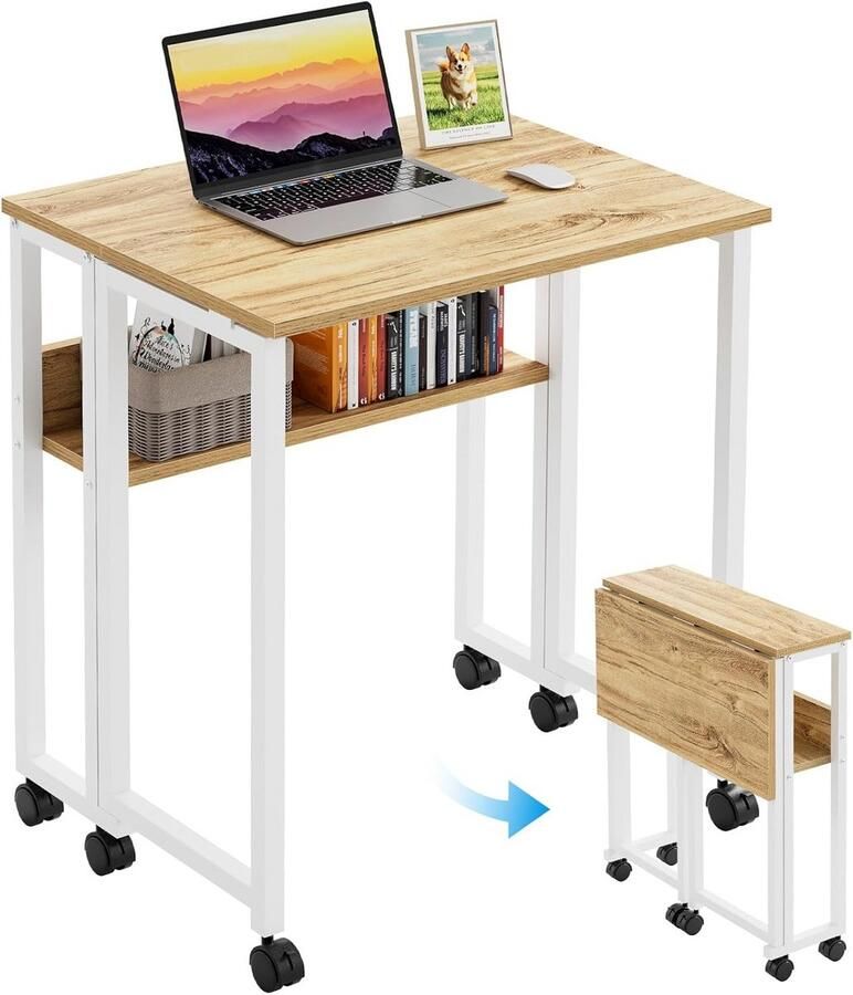 Klein bureau inklapbaar 63 cm klapbureau met wielen eenvoudige montage inklapbaar bureau met opbergruimte thuiskantoor klaptafel beige
