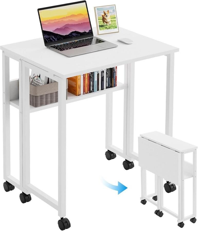 Klein bureau inklapbaar 63 cm klapbureau met wielen eenvoudige montage inklapbaar bureau met opbergruimte thuiskantoor klaptafel wit