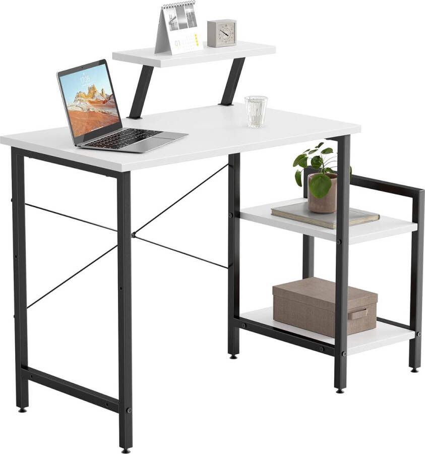 Klein bureau met 2 verrijdbare planken en monitorstandaard 80 x 50 cm stabiele pc-gamingtafel eenvoudige montage voor werk wit