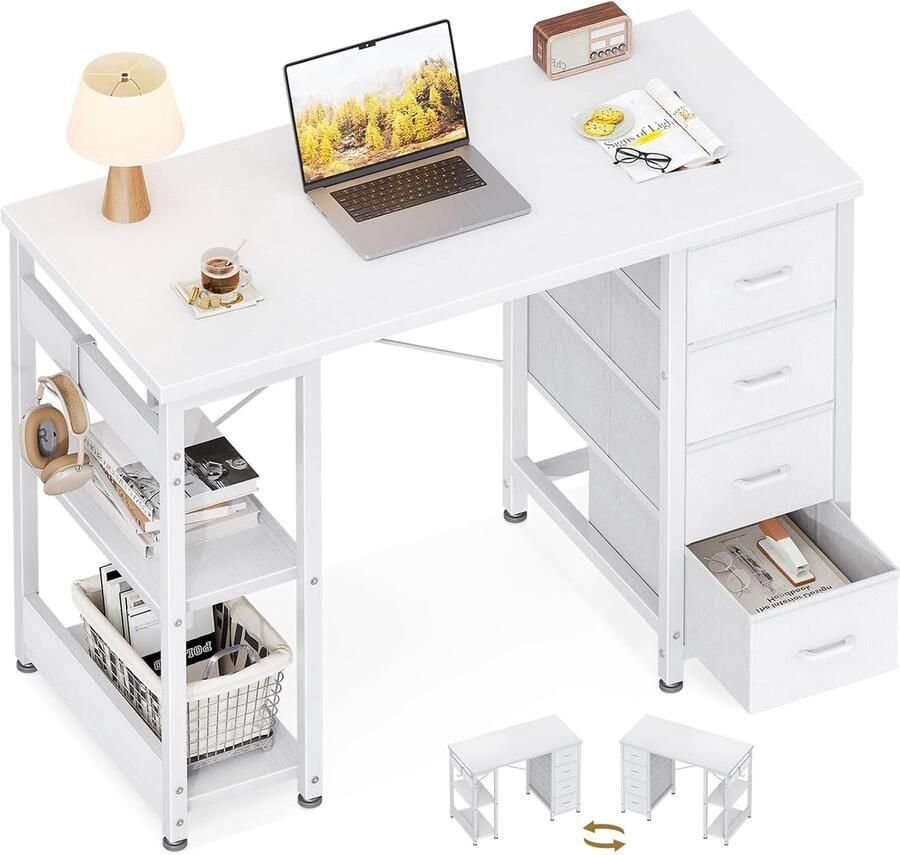 Klein bureau met 4 stoffen laden – 100×40 cm omkeerbare planken hoofdtelefoonhouder wit