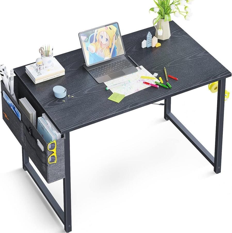 Klein bureau met koptelefoonhouder en opbergtas voor thuis en kantoor (zwart 80 x 40 x 73 2 cm)