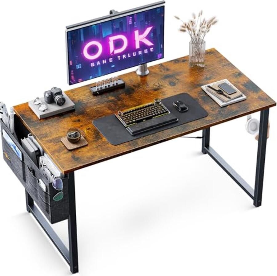 Klein Bureau met Opbergtas en Haken voor Thuis en Kantoor Stabiele Laptoptafel en Werktafel (Bruin 100 x 48 x 74 cm)