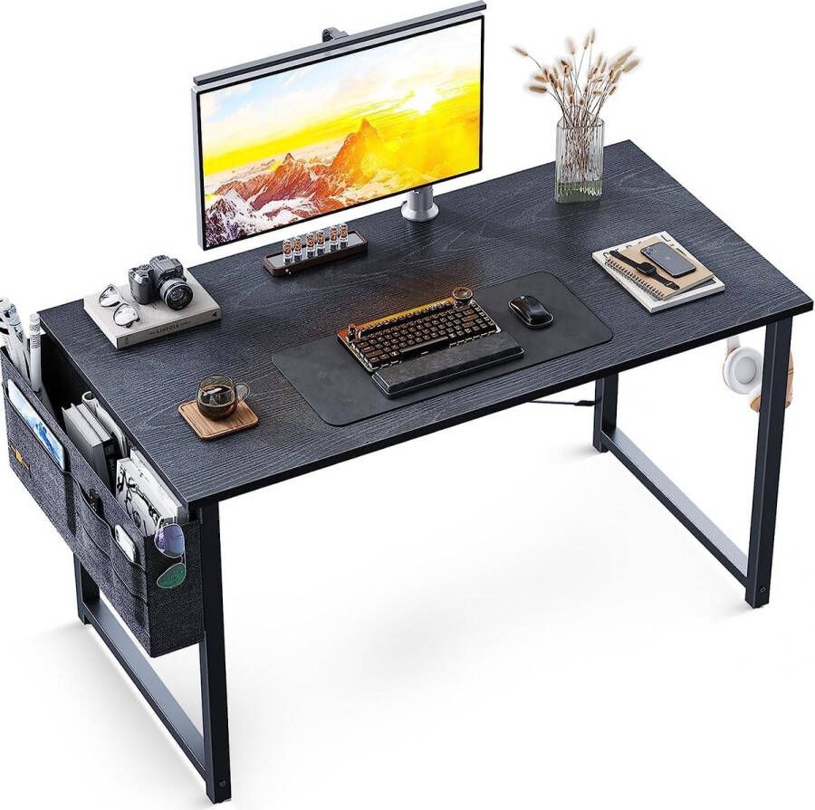 Klein bureau zwart 100 x 48 x 74 cm computerbureau bureautafel met hoofdtelefoonhouder en opbergtas klein bureau studeerkamer houten pc-tafel bureautafel voor thuis op kantoor - Foto 2