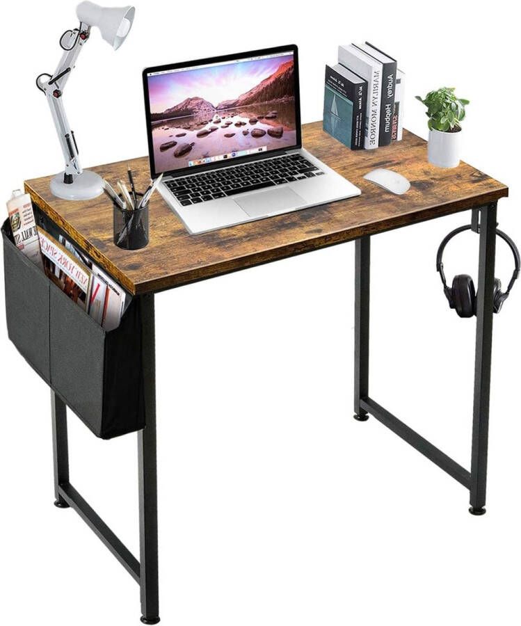 Klein computerbureau studeertafel voor kleine ruimtes thuiskantoor 31 inch rustiek studentenlaptop pc-bureau met opbergtas hoofdtelefoonhaak bruin