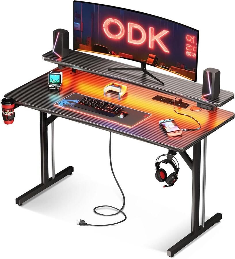Klein Gaming Bureau met LED Verlichting en Stopcontacten Ideaal voor PC en Gaming