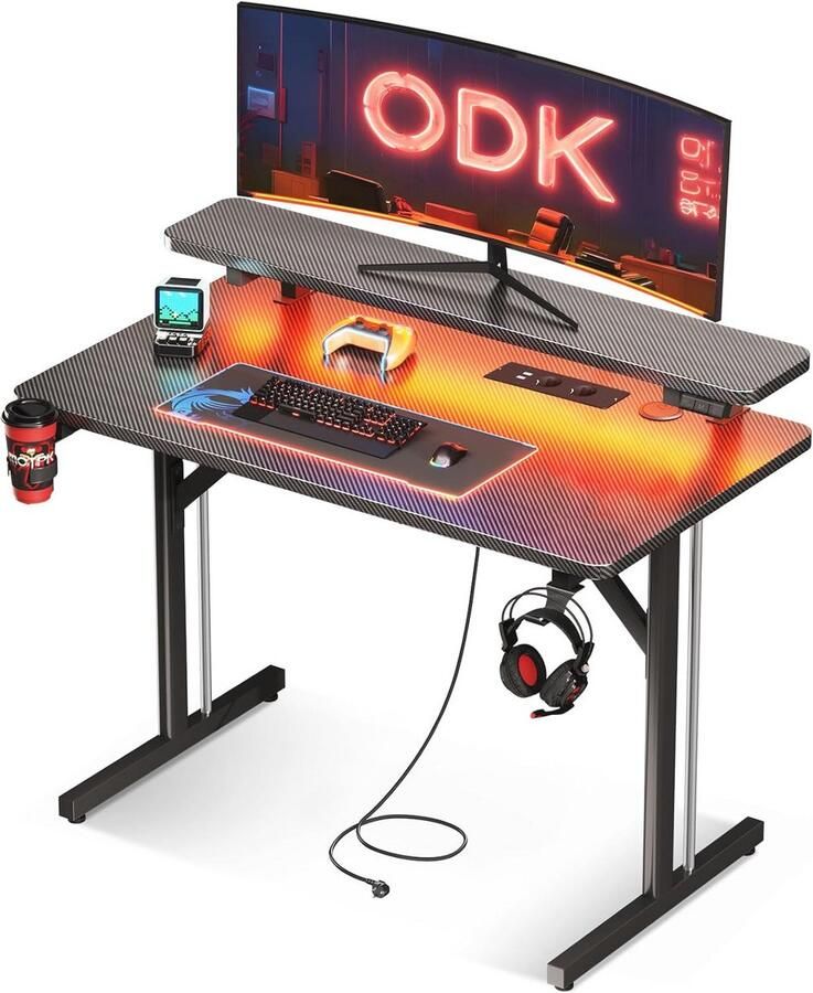 Klein Gaming Bureau met LED-verlichting Stopcontacten en Monitorstandaard Ideaal voor Gaming en Thuiswerk