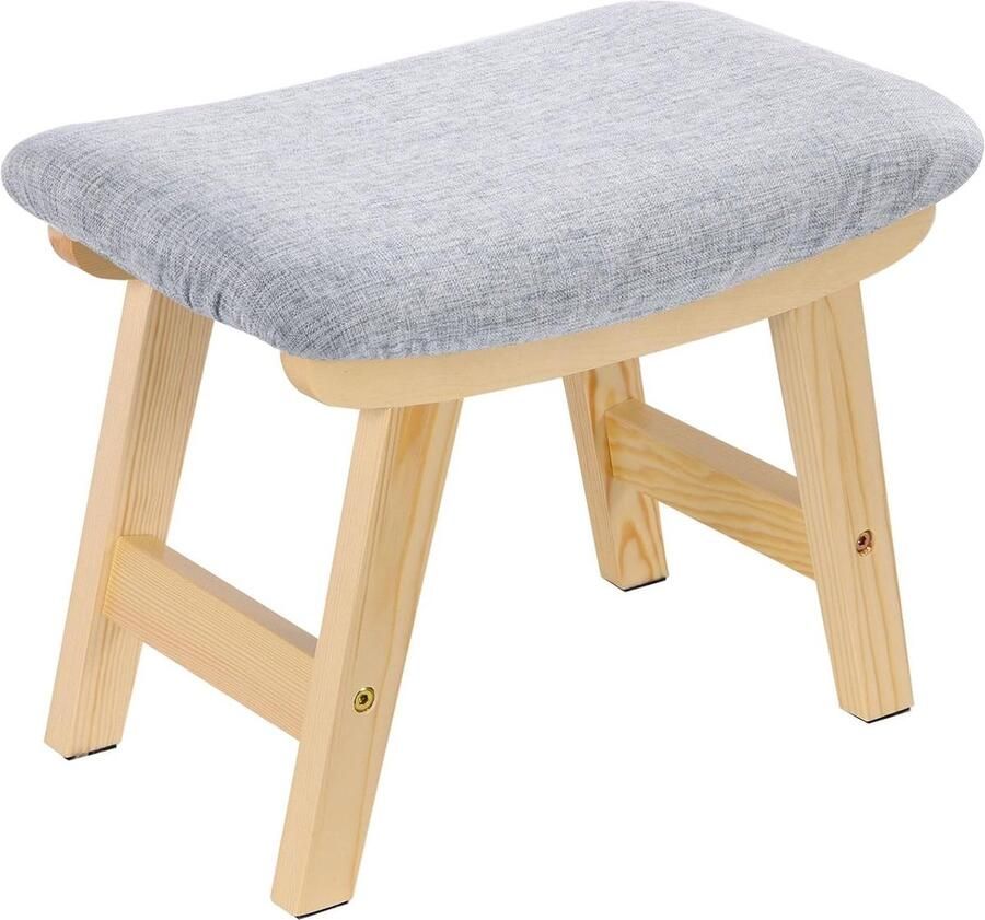 Klein linnen voetenbankje met uitneembare poef voor keuken en woonkamer natuurlijke poten lichtgrijs kussen