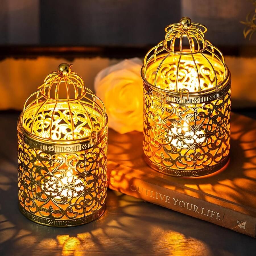 Klein metalen theelichtje hangende vogelkooi lantaarns 2 stuks gouden theelicht kaarsenhouders Vintage kaarshouder decoratieve tafel middenstukken voor bruiloftsfeest Kerstmis Halloween