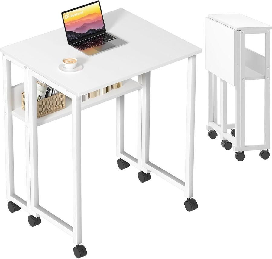 Klein Opvouwbaar Bureau met Wielen Draagbaar Bureau voor Kleine Werkplekken Wit 63x50cm