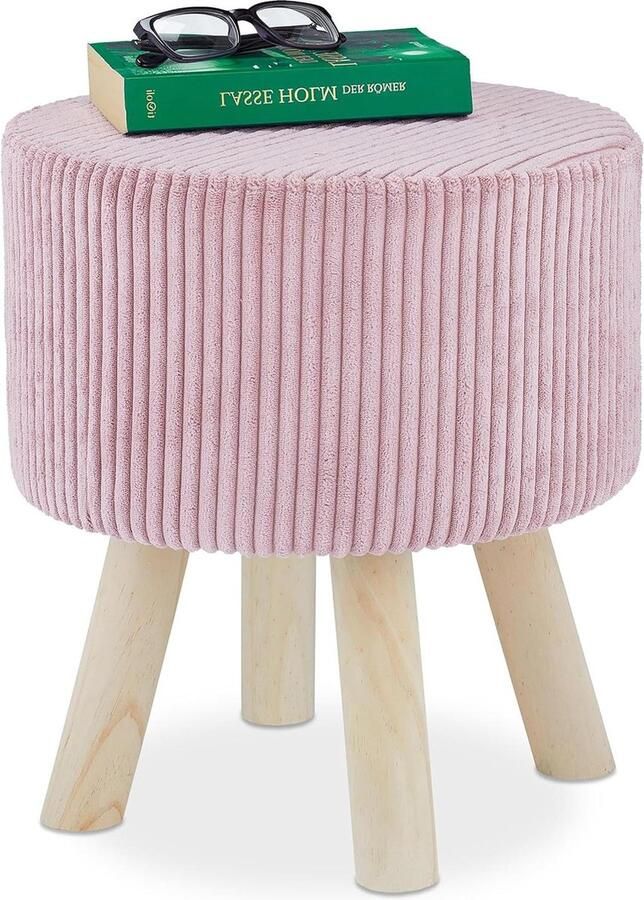 Klein roze velvet krukje rond Gepolsterde voetenbank met 4 houten poten Ribcord poef Afmetingen: 41 x 37 cm - Foto 2