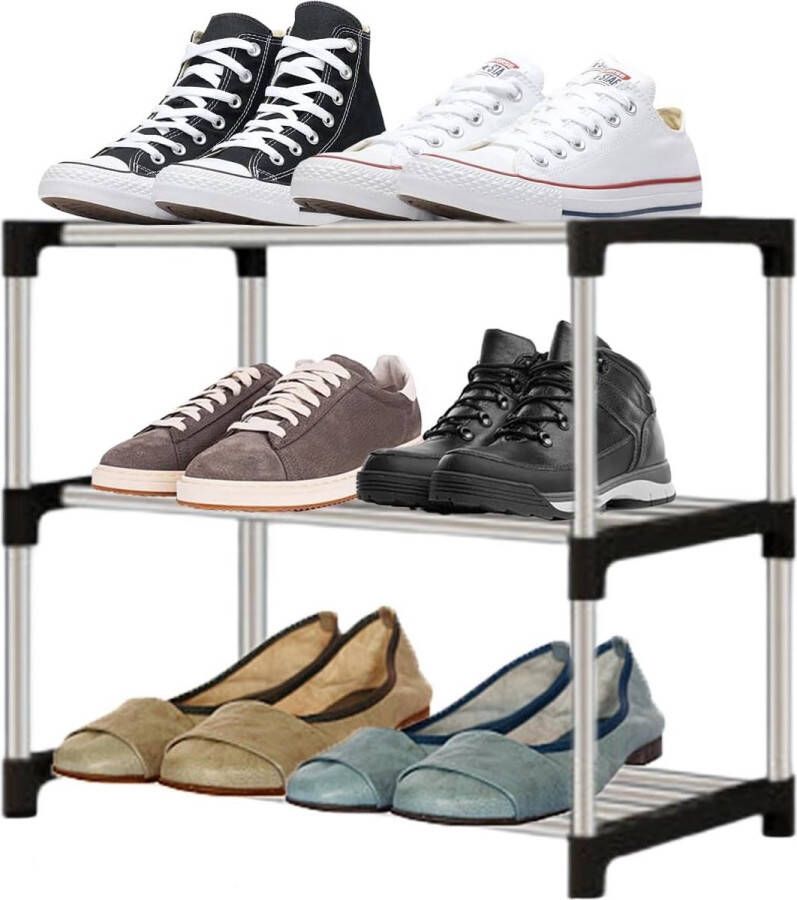 Klein schoenenrek met 3 niveaus schoenenrek ruimtebesparend voor 6 paar schoenen stapelbaar schoenenrek slank metalen schoenenrek voor entree hal slaapkamer kast schoenenrek klein