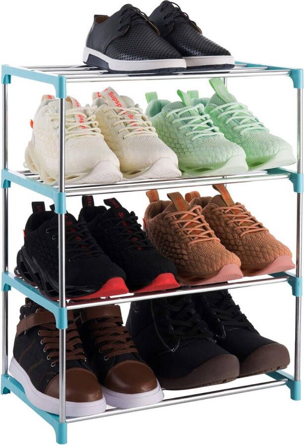 Klein schoenenrek met 4 niveaus schoenenrek biedt plaats aan maximaal 8 paar schoenen voor entree kast voor ruimtebesparende opslag (blauw)