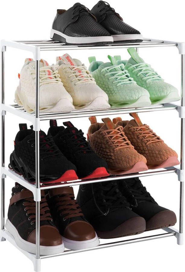 Klein schoenenrek met 4 niveaus schoenenrek voor maximaal 8 paar schoenen voor entree kast voor ruimtebesparende opslag (wit)