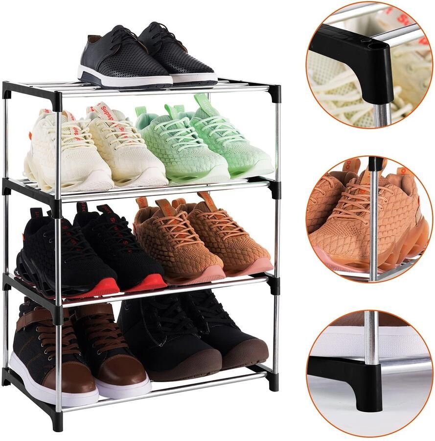 Klein stapelbaar schoenenrek met 4 niveaus lichtgewicht opbergplank voor hal gang en kast (Zwart)