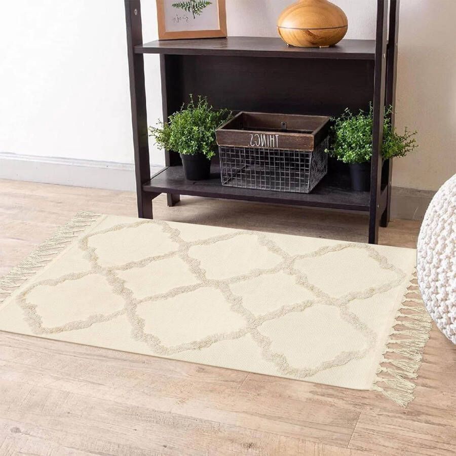 Klein tapijt 60 x 90 cm boho beige getuft katoenen tapijt met geweven kwastjes wasbaar tapijt voor badkamer keuken woonkamer slaapkamer hal eetkamer