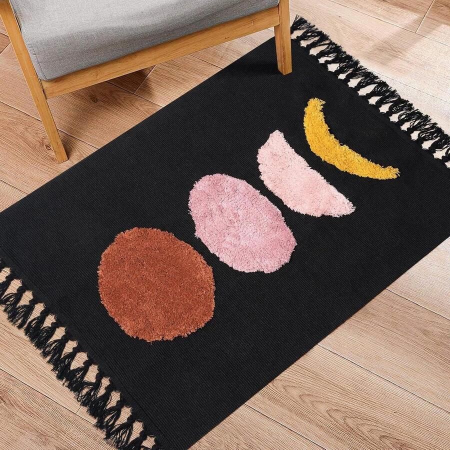 Klein zwart boho vloerkleed 60 x 90 cm maan getuft katoenen tapijt met kwastjes wasbaar tapijt voor badkamer keuken woonkamer slaapkamer hall eetkamer