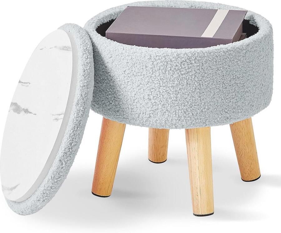 Kleine 13 inch Voetenbank met Opbergruimte Ronde Poef met Gewatteerde Zitting en Houten Poten Teddy Fluwelen Mini Voetensteun voor Woonkamer en Slaapkamer Blauw