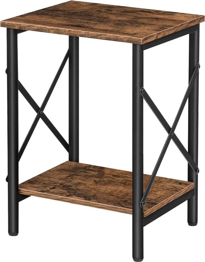 Kleine bijzettafel met opbergplank X-vormig ontwerp stalen frame eenvoudige montage industriële nachtkastje voor woonkamer slaapkamer rustiek bruin. Nachtkastje