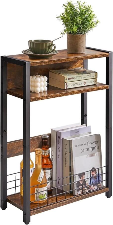 Kleine bijzettafel met tijdschriftenhouder 3 etages smalle bijzettafel met opbergrek moderne salontafel voor smalle ruimtes nachtkastje voor woonkamer slaapkamer bruin