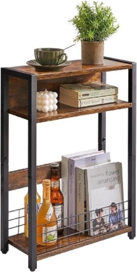 Retadou Kleine bijzettafel met tijdschriftenhouder 3 etages smalle bijzettafel met opbergrek moderne salontafel voor smalle ruimtes nachtkastje voor woonkamer slaapkamer bruin