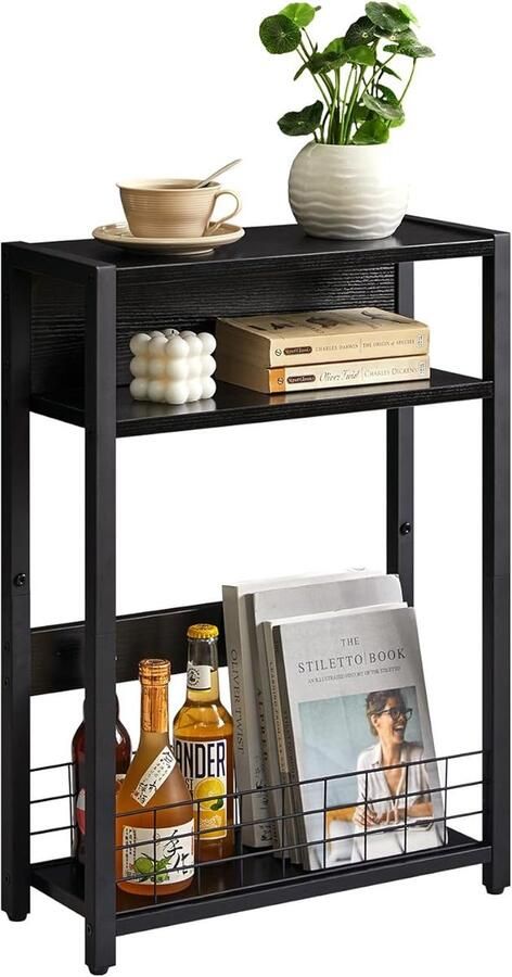 Retadou Kleine bijzettafel met tijdschriftenrek 3 niveaus smalle bijzettafel met opbergplank moderne salontafel voor smalle ruimtes salontafel zwart