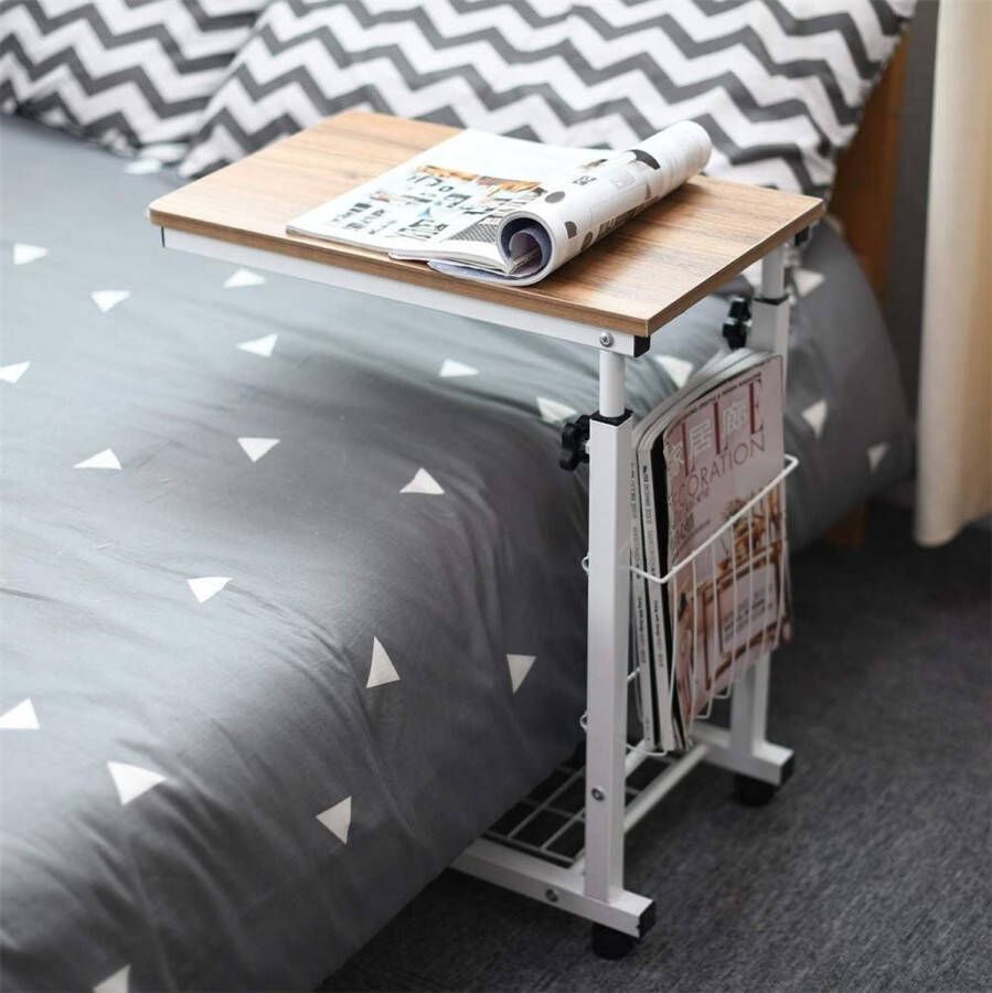 Kleine bijzettafel salontafel nachtkastje mobiele laptoptafel notebooktafel woonkamertafel met metalen frame en wielen eiken