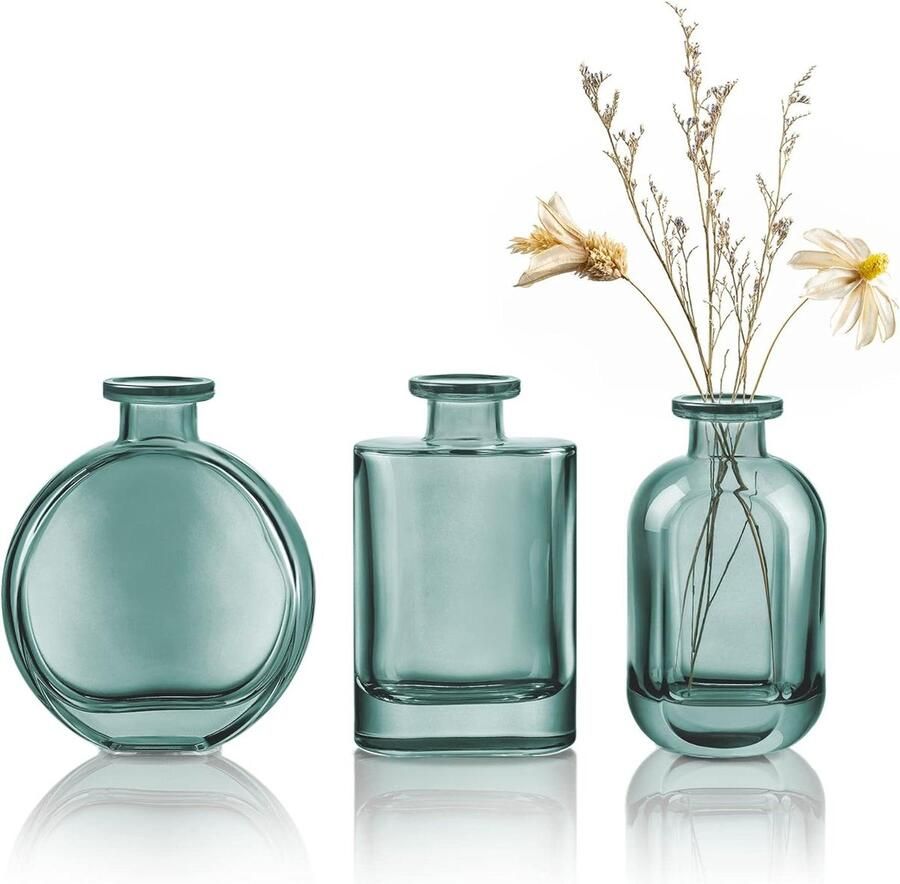 Kleine blauw-groene glazen vazen set van 3 kleurrijke bloemenvaas voor op een bureau decoratieve knoopvaas voor thuis en op kantoor