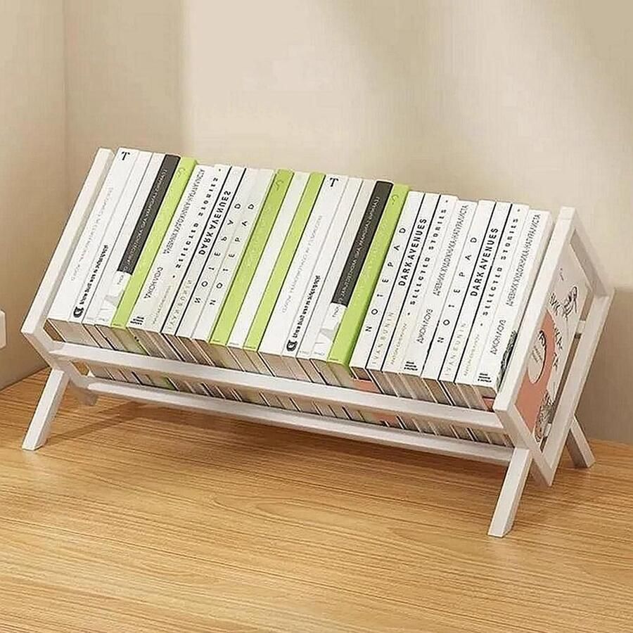 Kleine boekenkast van koolstofstaal en hout Studie en werkkamer opbergrek Tijdschriftenrek boekenstandaard (Wit)