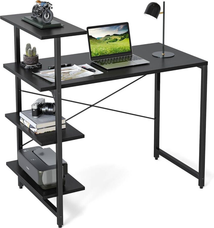 Kleine bureau met plank 100 x 50 cm 3-laags plank computerbureau PC gamingtafel eenvoudig te installeren bureau stevige stalen framebureaus zwart