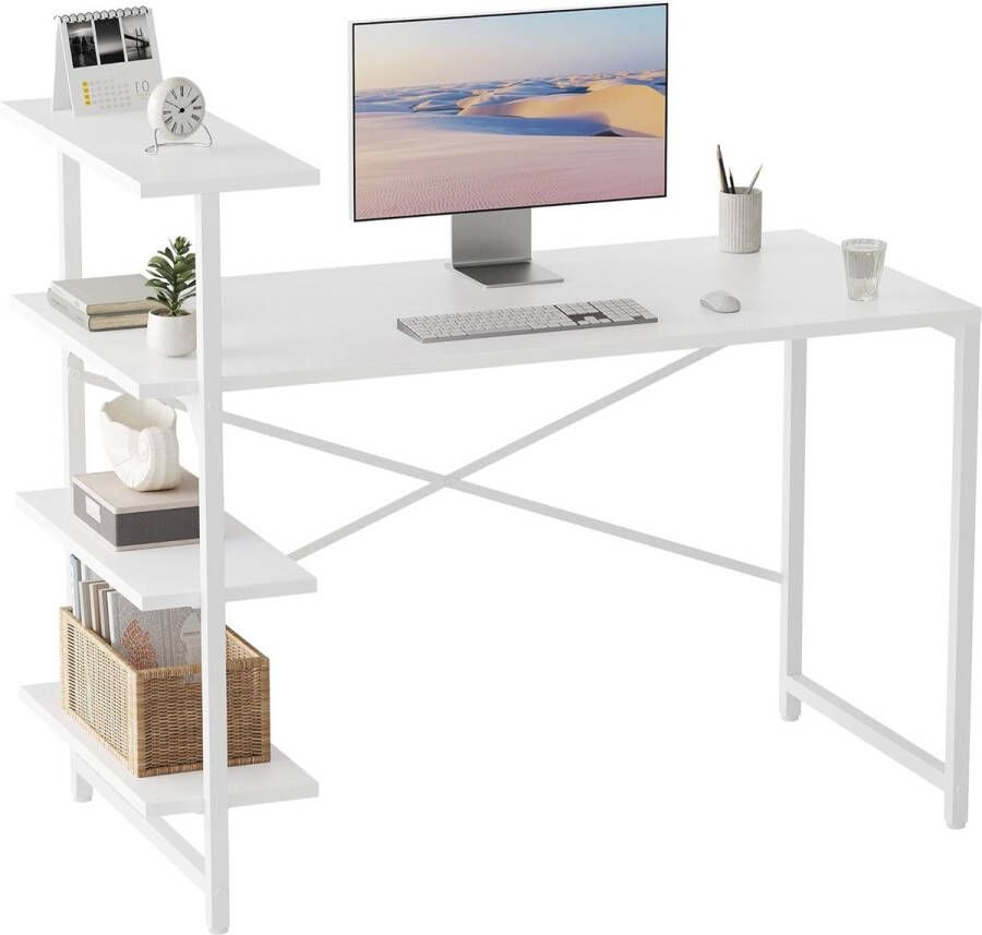 Kleine bureau met plank 120 x 60 cm 3-laags plank computerbureau PC gamingtafel eenvoudig te installeren bureau stevige stalen framebureaus wit wit