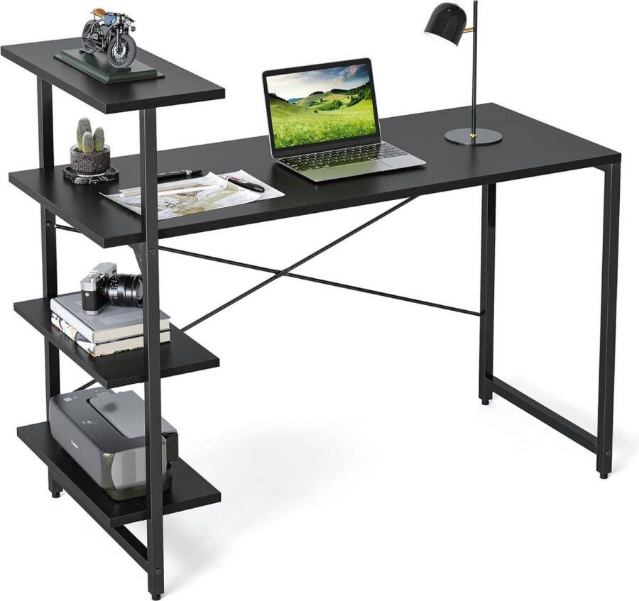 Kleine bureau met plank 120 x 60 cm 3-laagse plank computerbureau PC gamingtafel eenvoudig te installeren bureau stevig stalen frame bureaus zwart