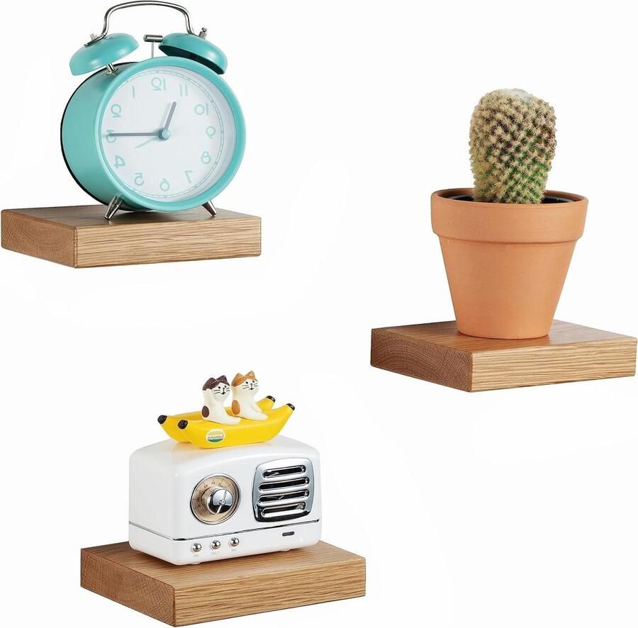 Kleine eiken zwevende wandplanken vitrine plant display plank voor woonkamer-slaapkamer-badkamer set van 3 planken