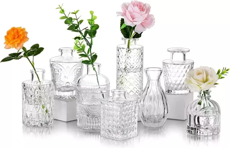 Kleine Glazen Tafel Middenstukken Bloemen Vaas Glas 8 Stuks Vintage Mini Bud Zoete Erwt Vazen Set Geslepen Kristalheldere Smalle Hals Flessen Voor Rozen Pampagras Bruiloft Woonkamer Eetkamer Decoratie