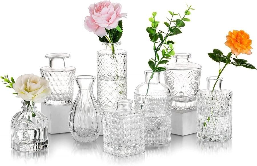 Kleine Glazen Tafel Middenstukken Bloemen Vaas Set 8 Stuks Vintage Mini Bud Zoete Erwt Vazen Geslepen Kristalheldere Smalle Hals Flessen Voor Rozen Pampagras Bruiloft Woonkamer Eetkamer Decoratie