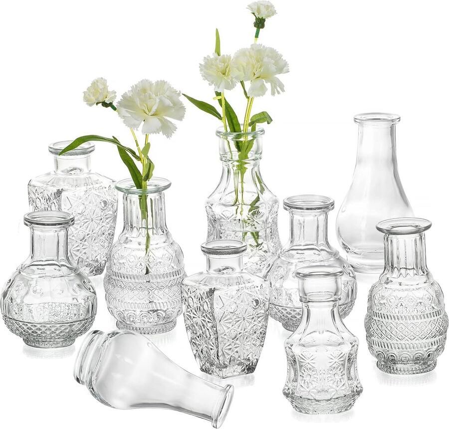 Kleine glazen vazen set van 10 Mini Reliëf Bud Vazen voor tafel decoratie