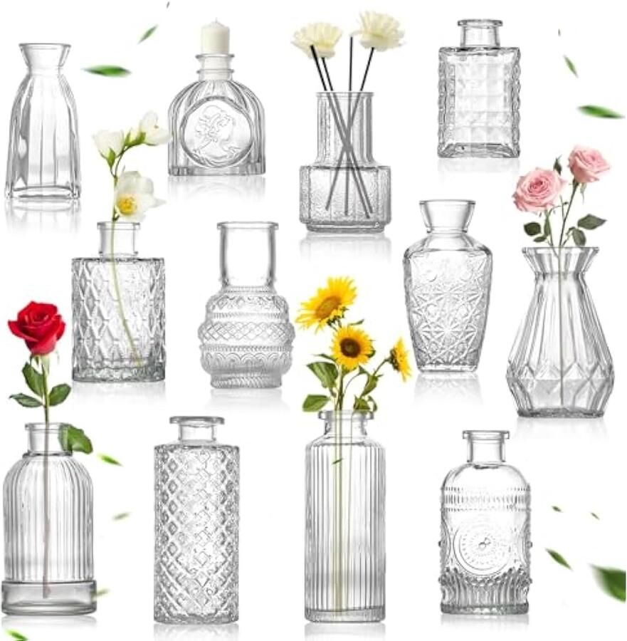 Kleine glazen vazen vintage Set van 12 glazen vazen vaas Mini Kleine Glazen Tafel Middenstukken Bloemen Vaas voor Woonkamer Eettafel Bruiloft Middenstuk Binnen Slaapkamer Decoratie
