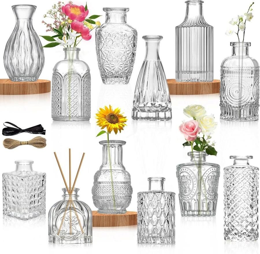 Kleine glazen vazen vintage Set van 12 mini glazen tafel middenstukken bloemenvazen voor woonkamer eettafel bruiloft binnen slaapkamer decoratie