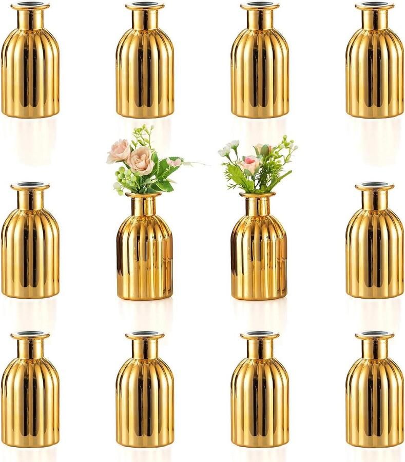 Kleine Glazen Vazen voor Bloemen Set van 12 Goud Vintage Bloem Flessen Handgemaakte Tafel Middenstuk Bruiloft Verjaardag Partij Centerpieces Thuis Eetkamer Woonkamer Decoratie