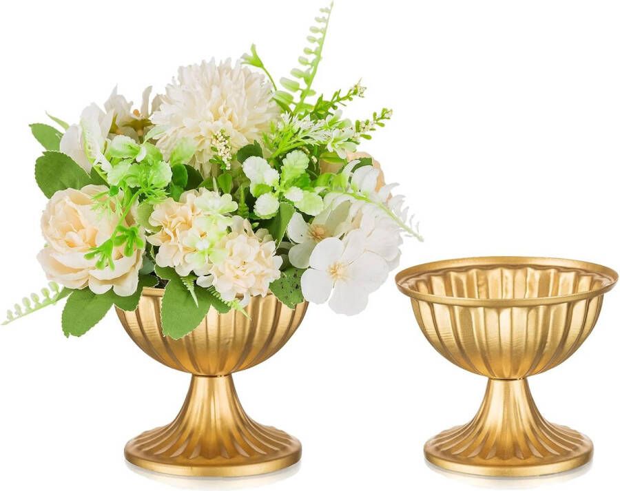 Kleine gouden vaas bloempot voor bruiloft middelpunt tafels 2 stuks metalen bruiloft centerpieces urn vazen trompet vaas voor thuis party tafeldecoratie woonkamer bijzettafel salontafel