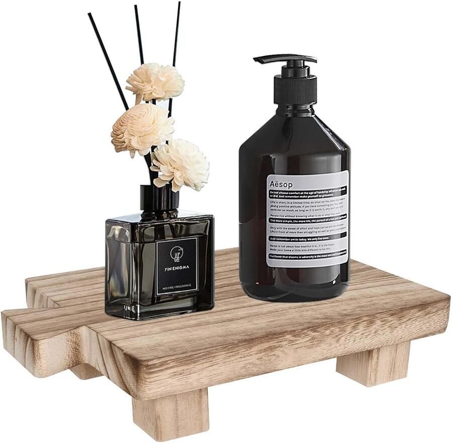 Kleine houten plantenkruk rustieke decoratie beige klein decoratief dienblad hout op voeten voor vetplanten geurkaarsen bloempothouder voor vensterbank bureau