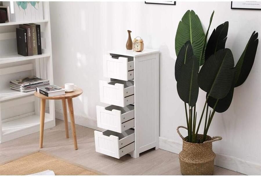 Kleine kast meubelstuk voor badkamer keuken entree woonkamer ruimtebesparend 4 laden kleur wit middeldichte vezelplaat 30x30x81cm commode wit badkamer kast wit
