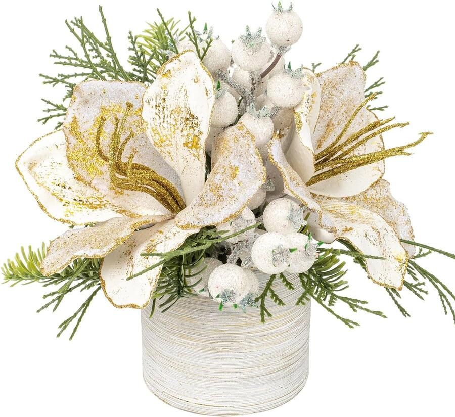 Kleine kerstboom 25 cm kunstmatige plant in keramische potten met magnolia bloem en bessen mini kerstboom ornamenten kerstdecoraties voor thuis Nieuwjaar tafel centerpieces
