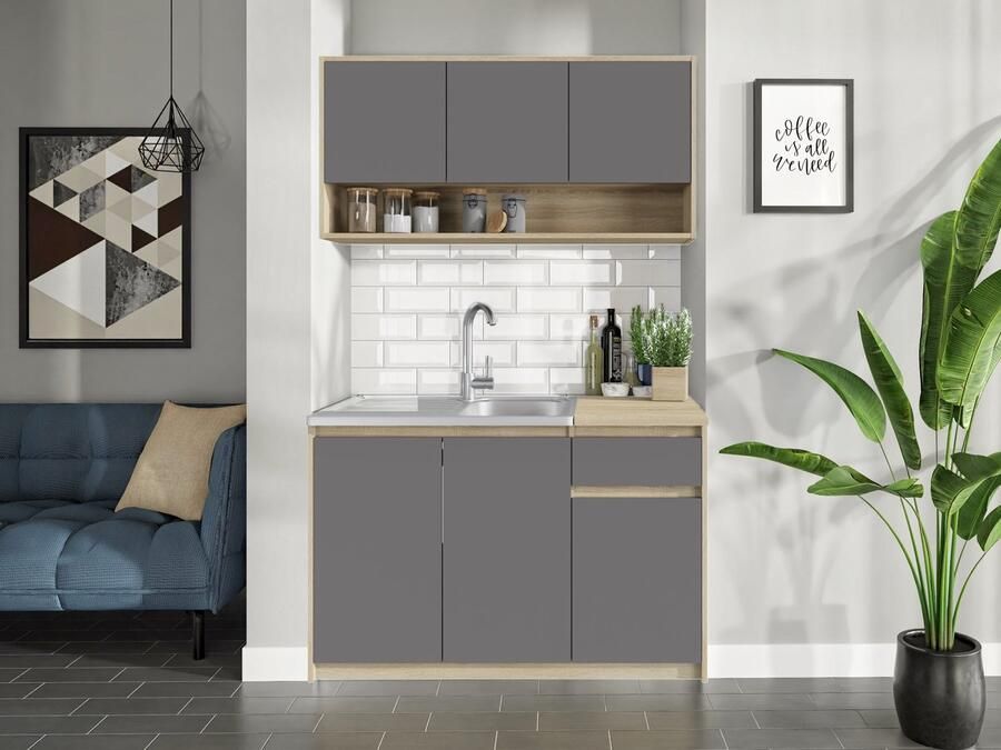 KitchenettesDirect Keukenblok Kleine Keuken Grijs & Eiken 120cm – Mini Keukenblok – Kitchenette met Franke Spoelbak – Goedkope Keukenkast Keuken zonder apparatuur