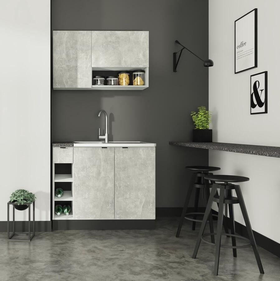KitchenettesDirect Keukenblok Kleine Keuken Licht Grijs Betonlook 100cm – Mini Keukenblok – Kitchenette met Gratis Franke Spoelbak – Goedkope Keukenkast Keuken zonder apparatuur ZA100BL