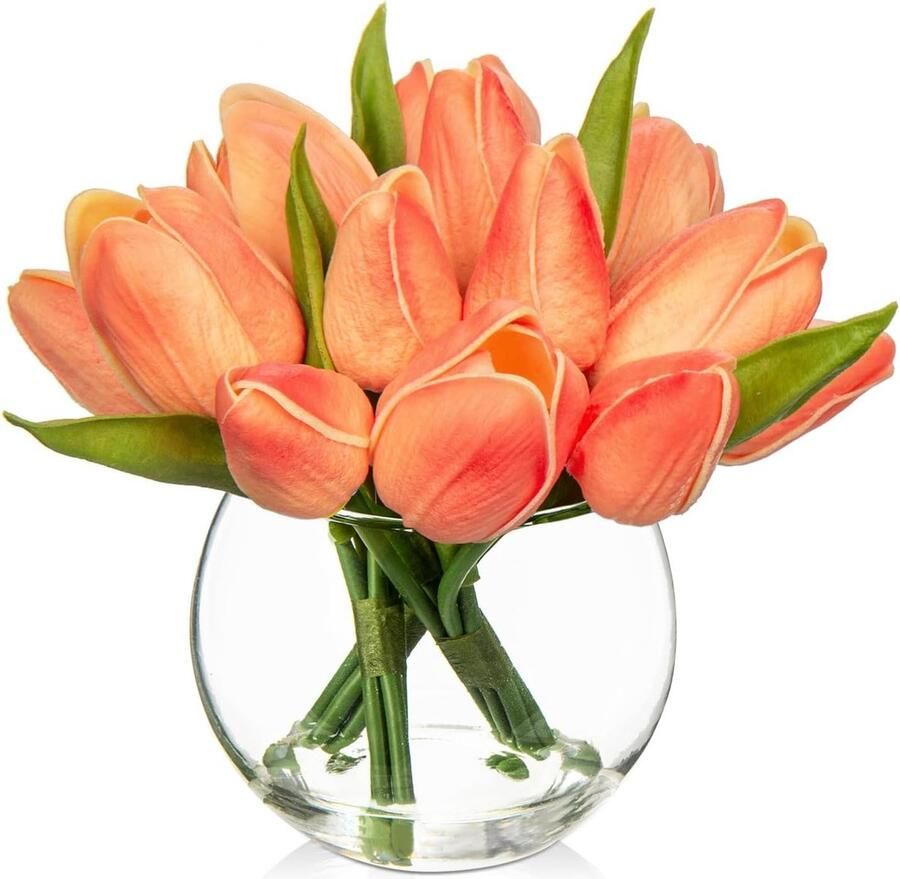 Kleine kunstbloem in vaas echte touch faux tulpen kubus glazen vaas mini perzik tulp boeket tafel middelpunt decor set van 14