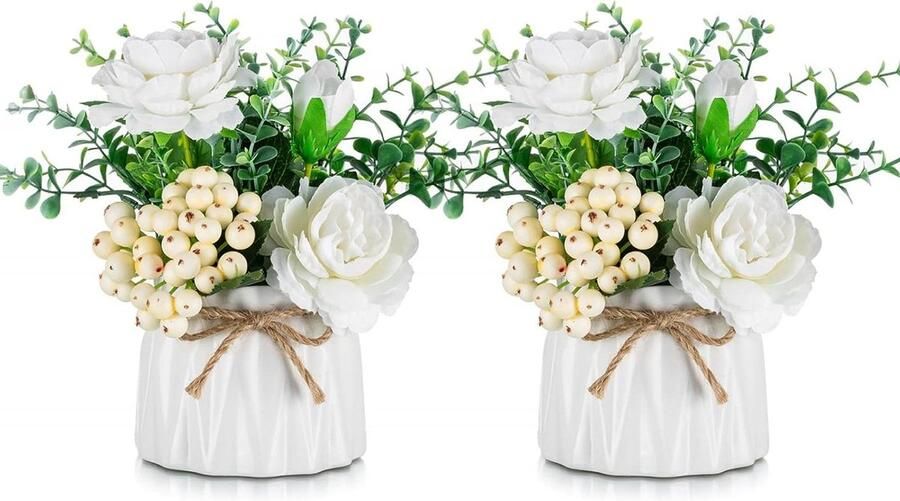 Kleine Nep Bloem Wit Arrangement 2 Stuks Bloemstuk voor Tafels Decor Kunstbloemen Vaas Tafelcenterpieces Keuken Eetkamer_decoraties Faux Bloem in Vaas Zijden Rozen