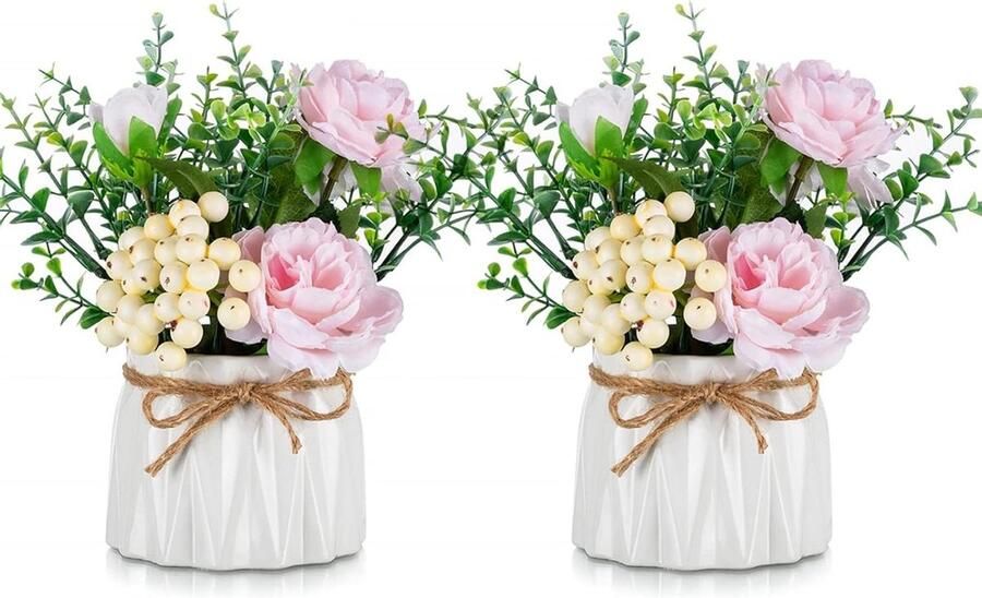 Kleine Nep Roze Kunstbloemen Vaas Decoratief Bloemstuk 2PC voor Tafels Centerpieces Tafel Decoratie Eetkamer Keuken Faux Bloemen in Vaas Salontafel Zijden Rozen