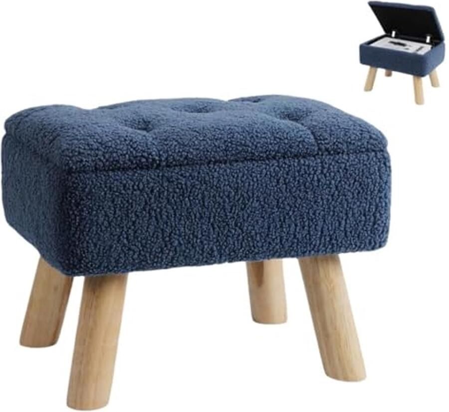 Kleine Opbergpoef met Gevoerde Zitting en Houten Pootjes Donkerblauw