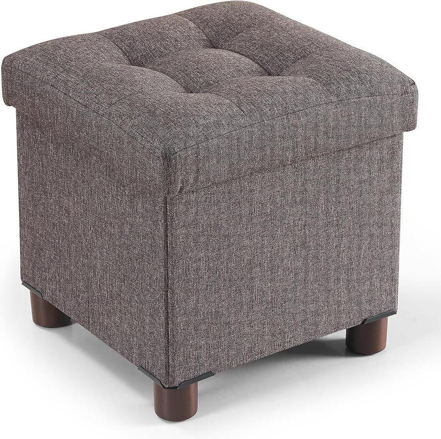Kleine opbergdoos Ottomaans 32 x 32 x 32 5 cm linnen voetenbank met houten poten opbergdoos met deksel voor woonkamer slaapkamer bruin